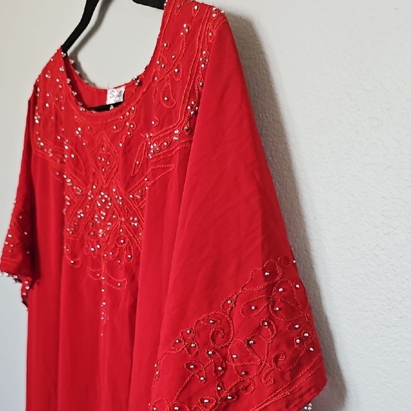 Sante Classics Vintage Red Boho Hippie Beaded  Embroidered Kaftan Dress One Size - Picture 4 of 10